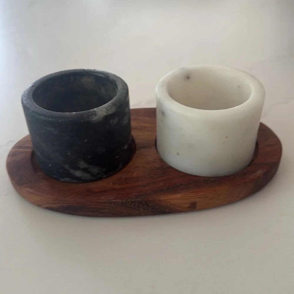 Marble Salt And Pepper Holders on Wooden Tray